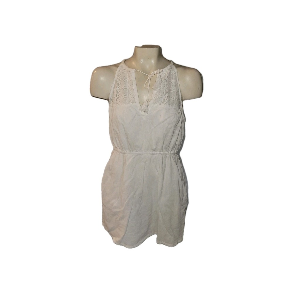ROXY White Halter‎ Dress Lace Detail Pockets Summer Casual beachy surfer skater
